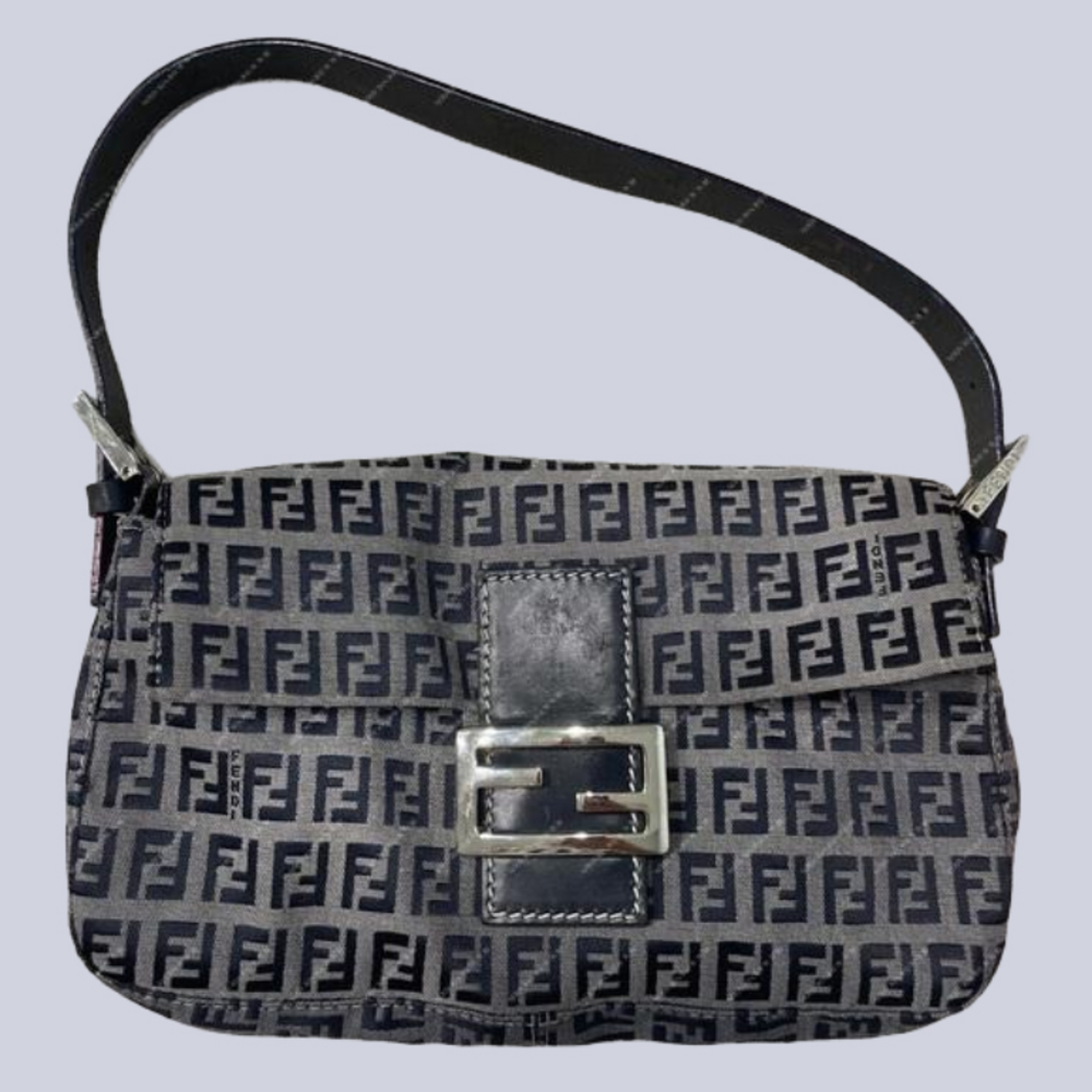 Fendi Zucca Mamma Canvas Baguette Navy Blue Shoulder Bag Purse